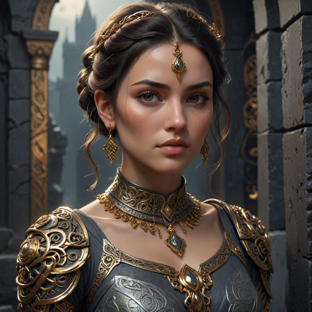 Young Woman in Golden Armour with Celtic Designs