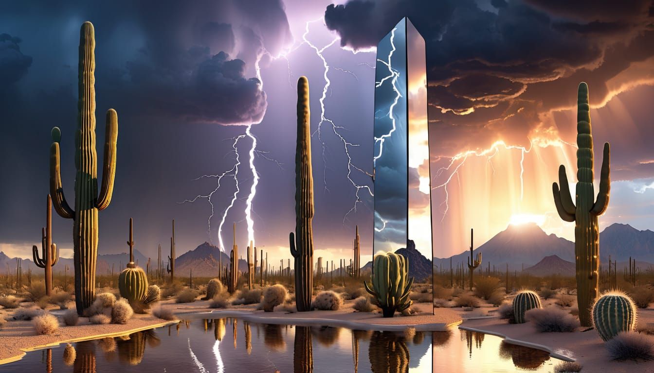 Obelisk Mirror Reflects Desert Storm at Dawn
