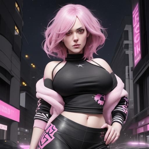 Woman with Pink Hair in Cyberpunk Cityscape