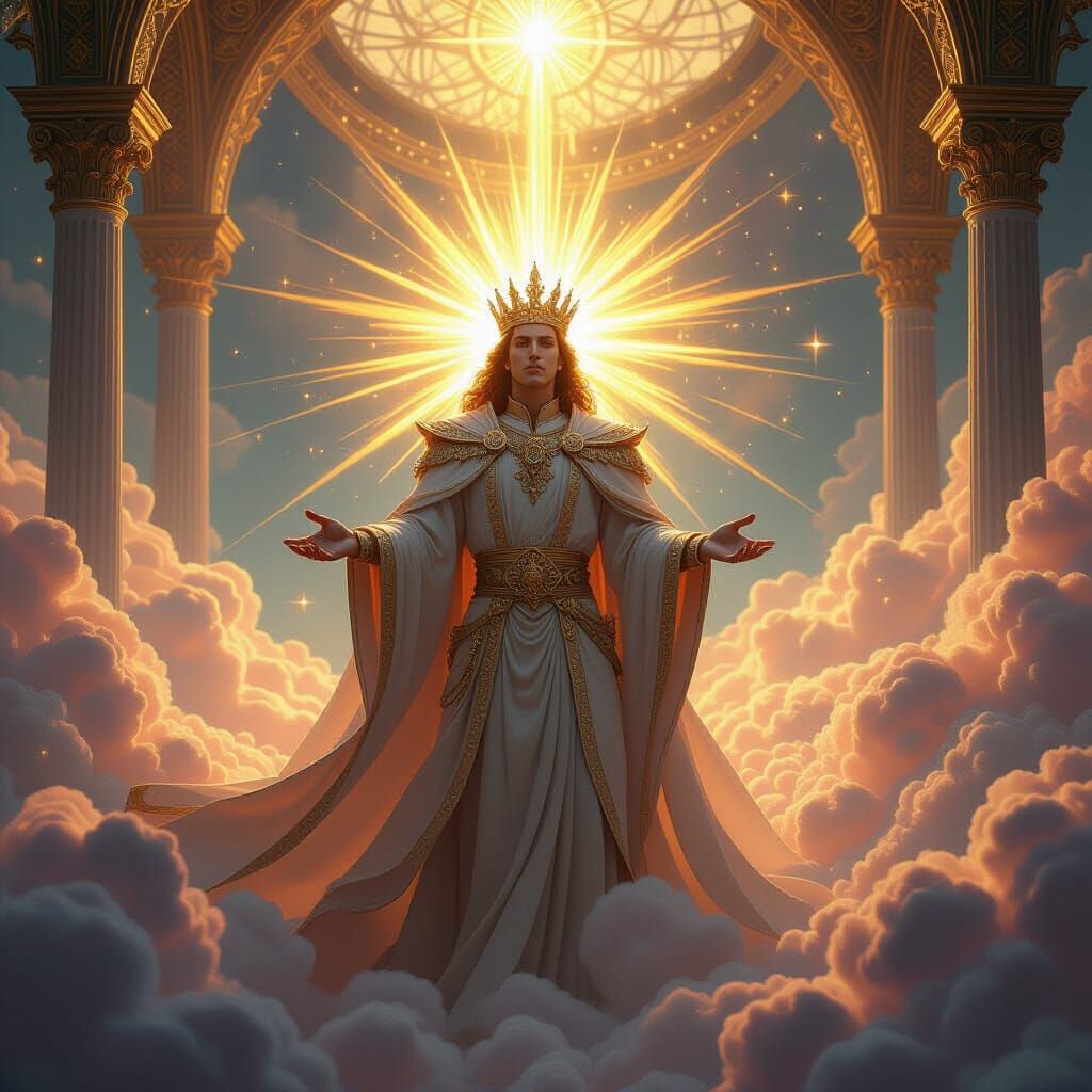 Sun King in Celestial Palace Amidst Clouds