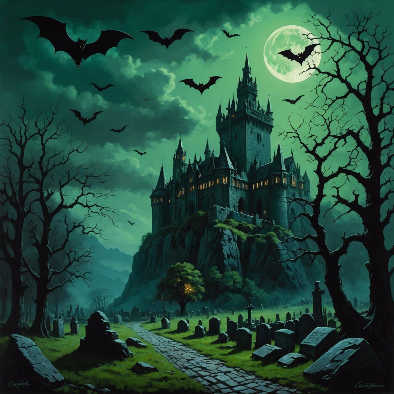 Dark Dracula Castle with Green Glow, Oil Painting