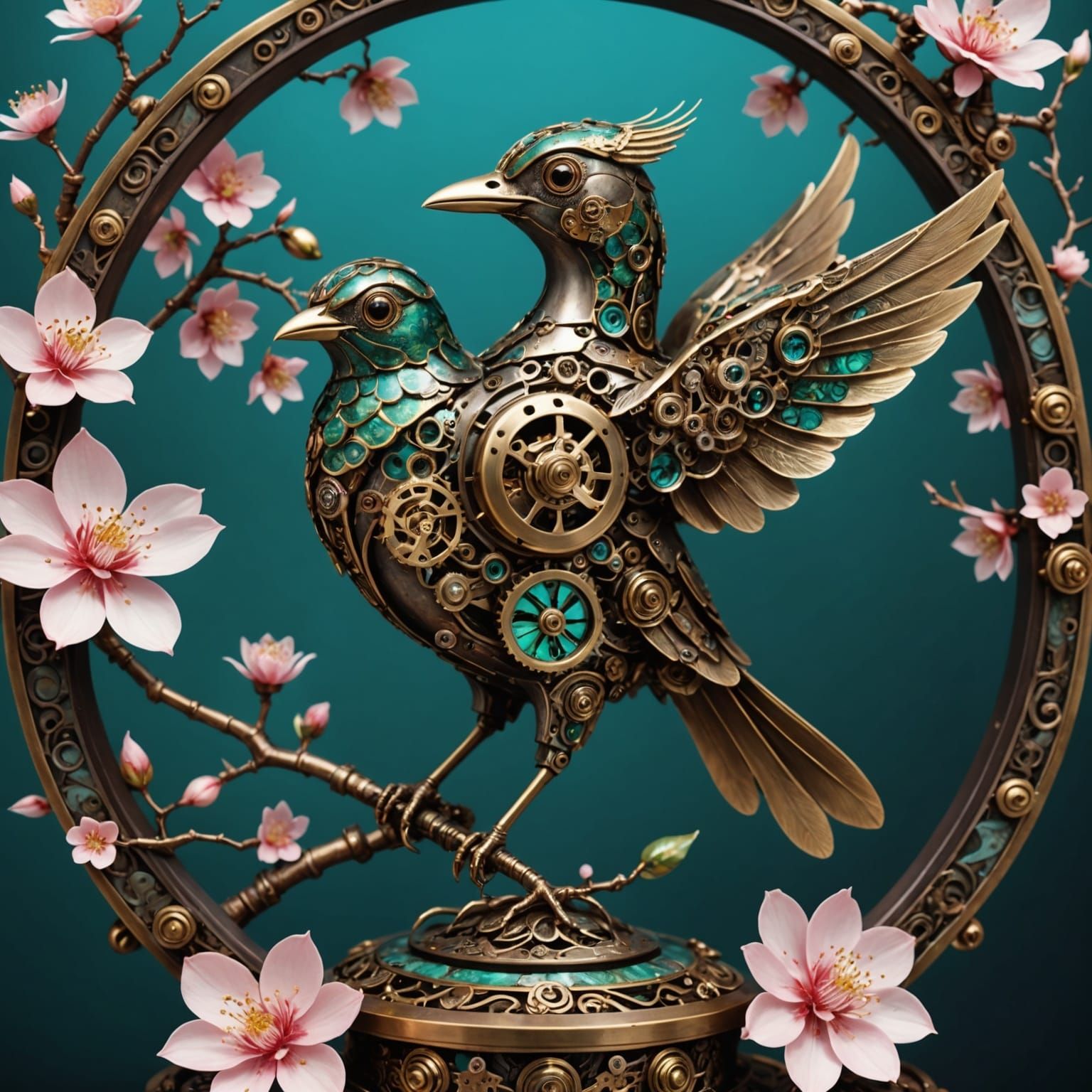 Steampunk Nightingale in Japanese Garden, 8k Render