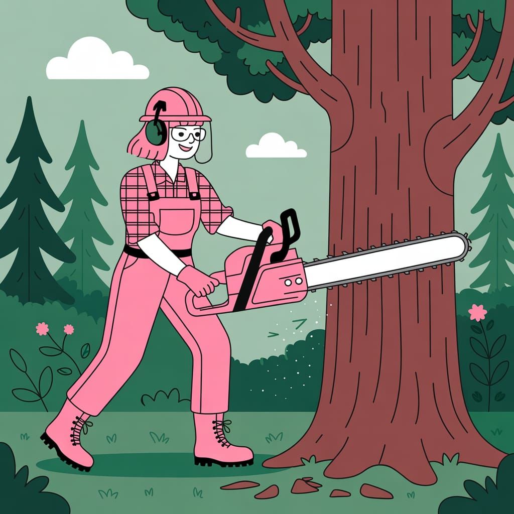 Woman in Pink Gear Felling Tree with Pink Chainsaw