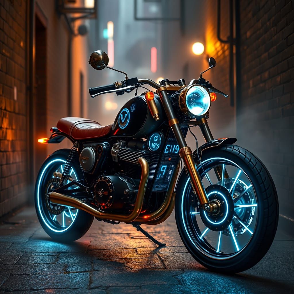 Tron Steampunk Motorcycle in Misty Alleyway
