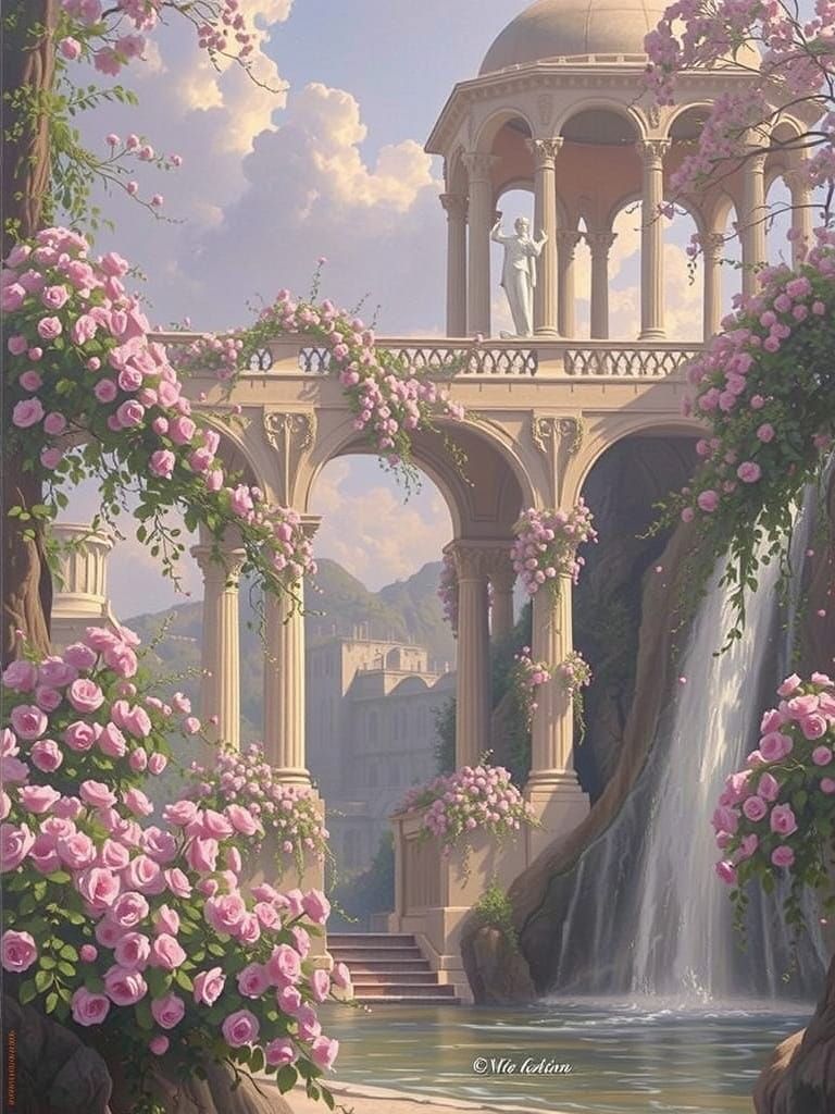 Romantic Greek Ruins Overgrown with Rambler Roses Near a Wat...