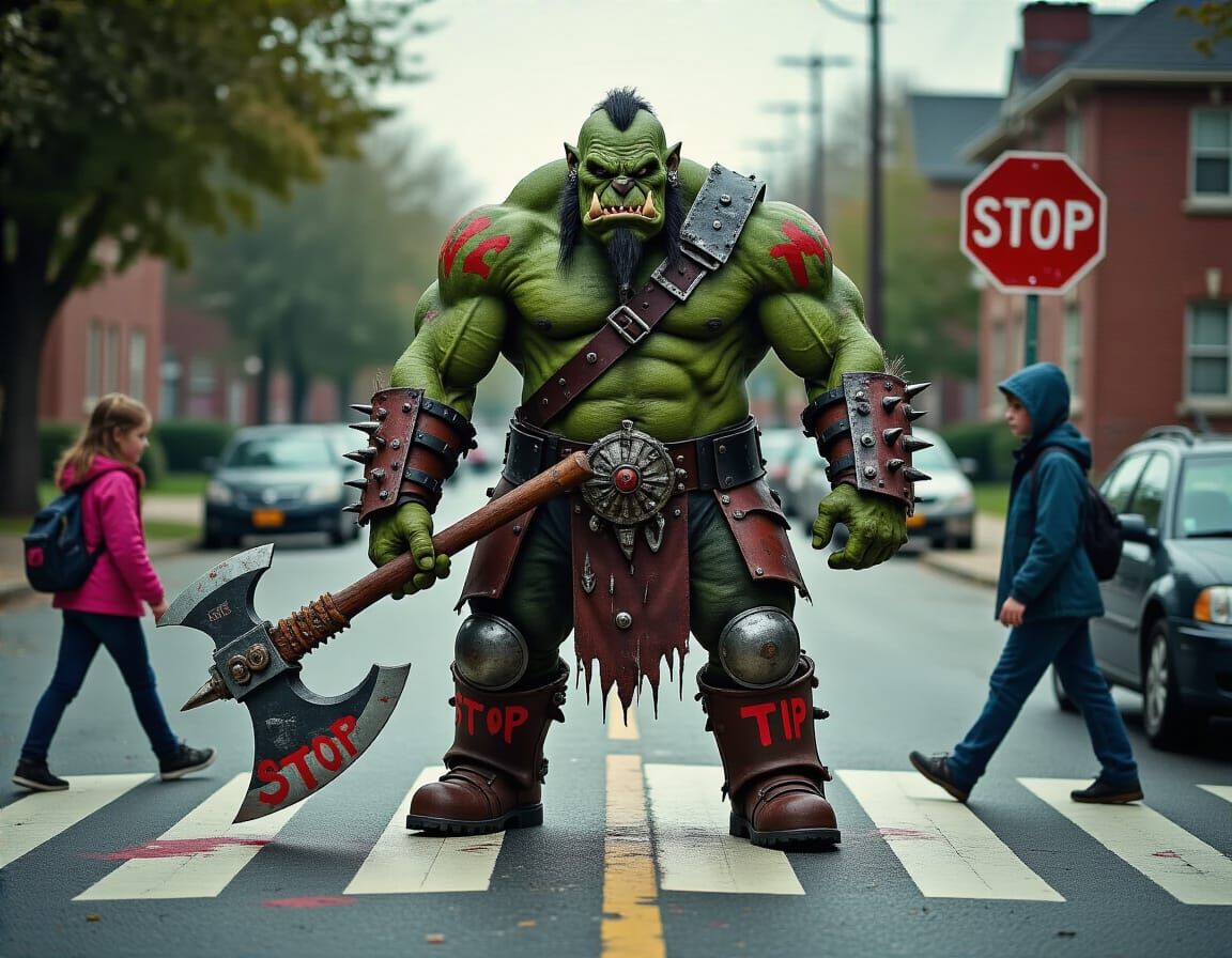 Muscular Orc Crossing Guard with Battle Axe