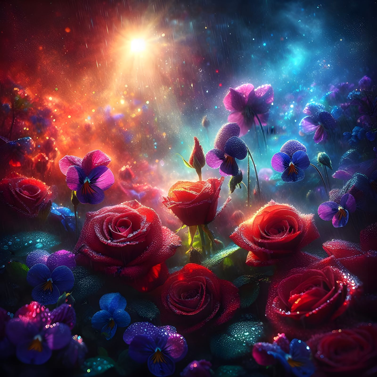 Enchanting Red Roses and Blue Violets in a Moody Garden