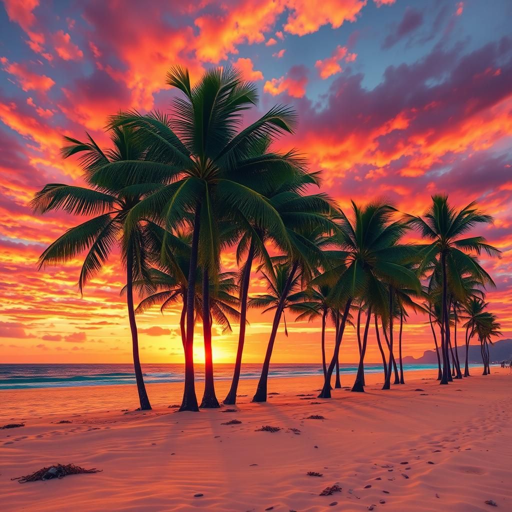 Palm Trees Silhouetted at Sunset in Art Nouveau Style