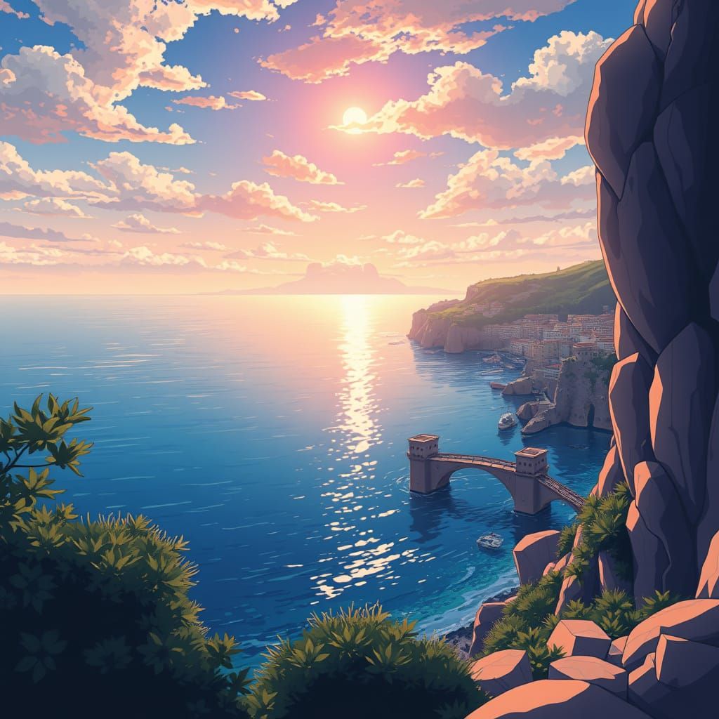 Cyberpunk Anime Ocean Landscape in Vibrant Cel-Shaded Style