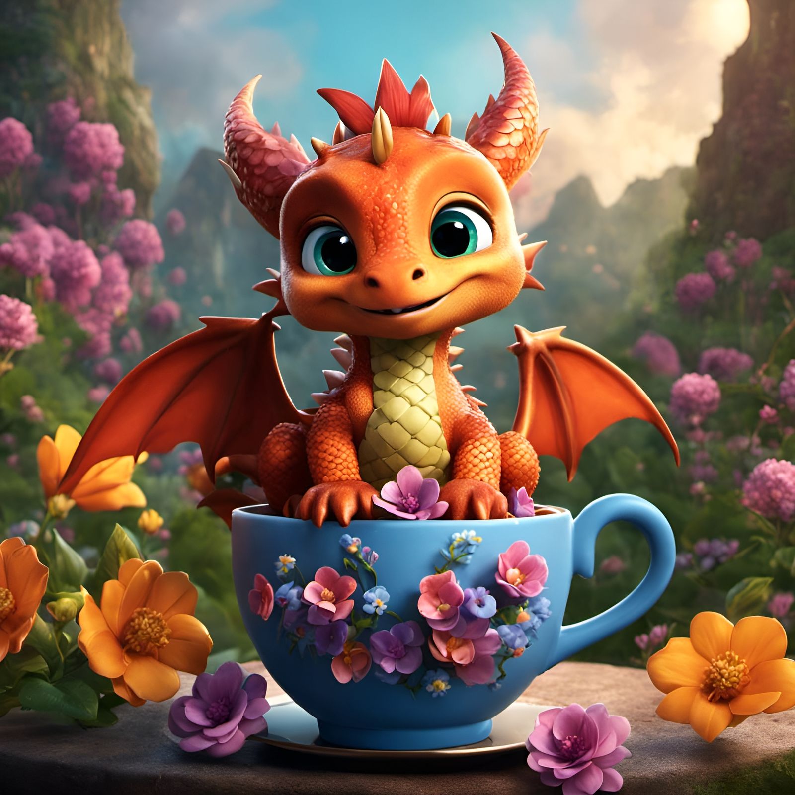 Cute Baby Dragon in Coffee Cup, Disney Pixar Style