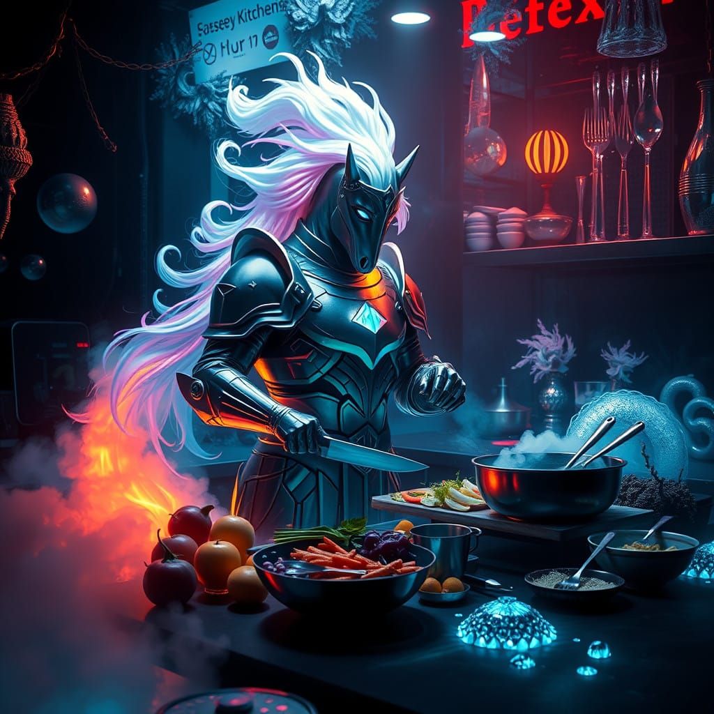 Cyberpunk Chef in Iridescent Armor, Amidst Underwater Kitche...
