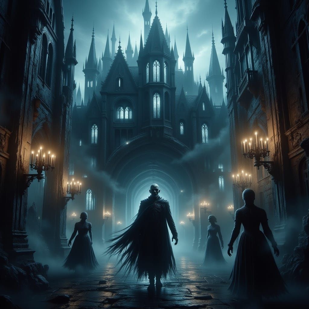 <lora:-Omnious-:1.0> Haunted Victorian  House  ,ghostly skel...