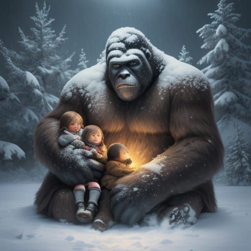Bigfoot Comforts Children In A Snowstorm