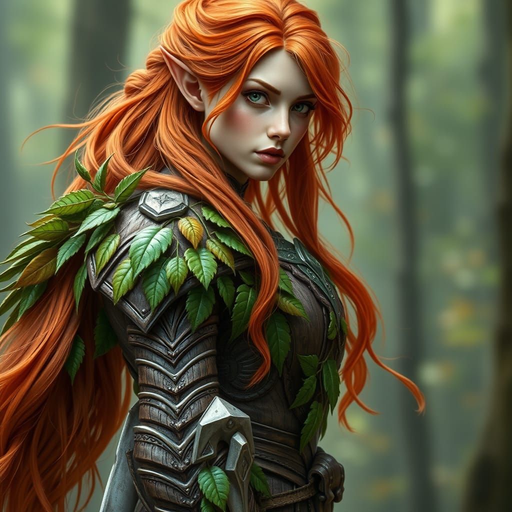 Regal Wood Elf Druid in Emerald Green Armor with Fiery Red H...