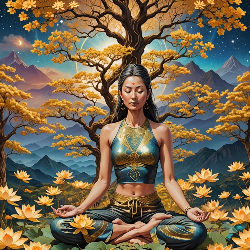 Meditating Woman in Lotus Position, Cosmic Illustration