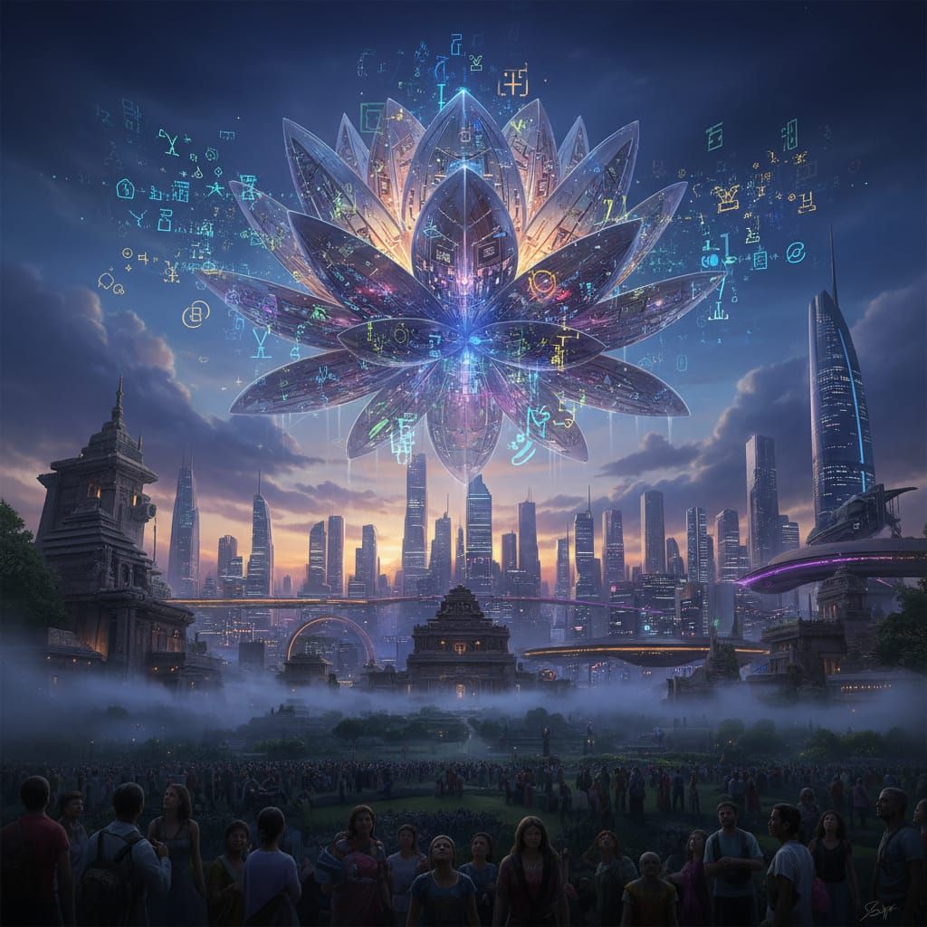 Mechanical Lotus Above Futuristic City at Dusk