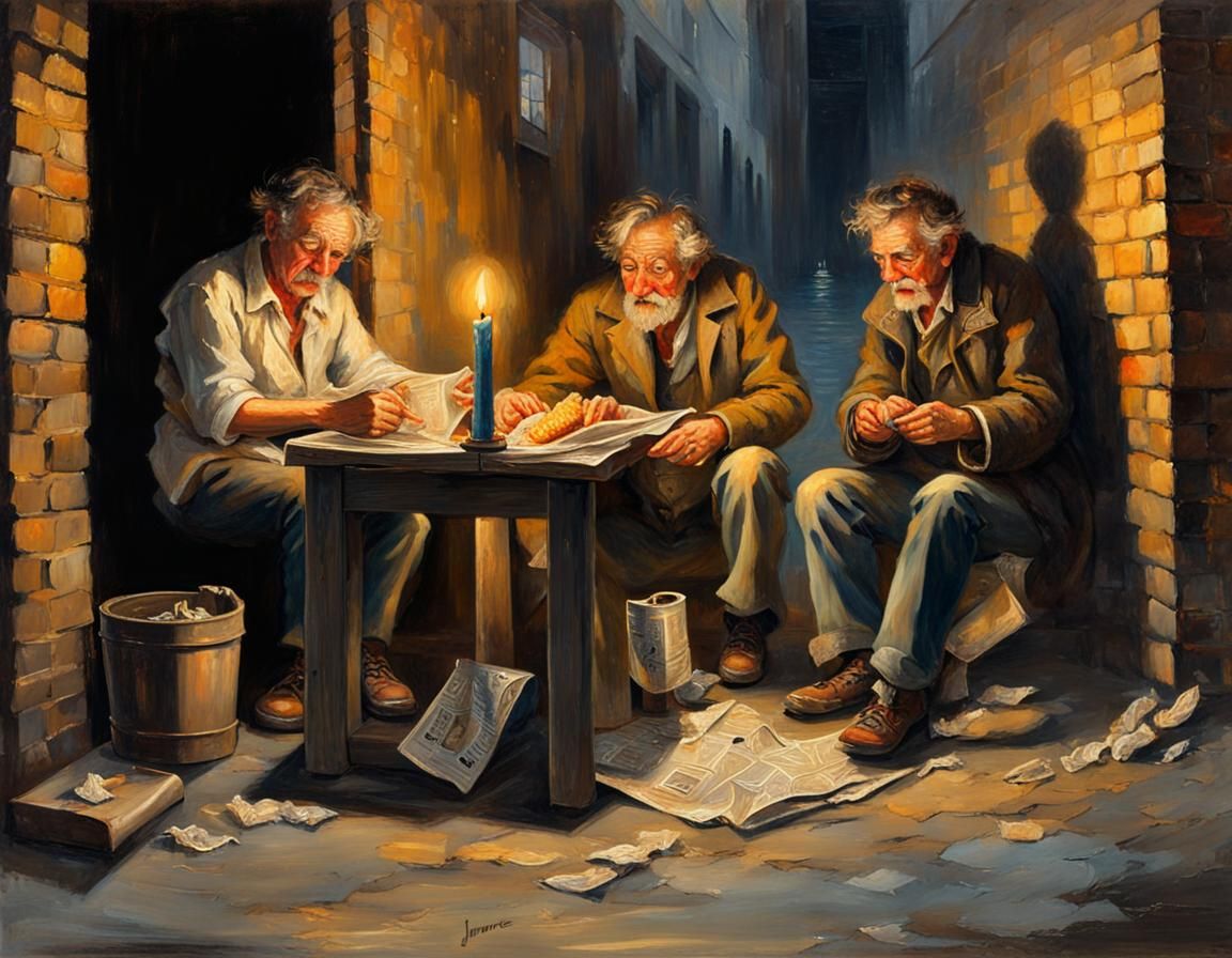 Tramps Eating by Candlelight: Oil Painting