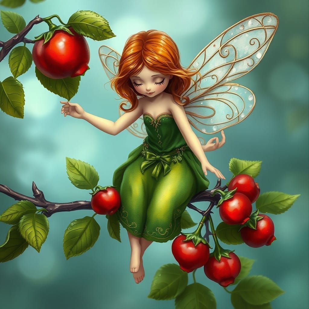 Whimsical Fairy Amidst Blooming Rosehips in Soft Fantasy Sty...