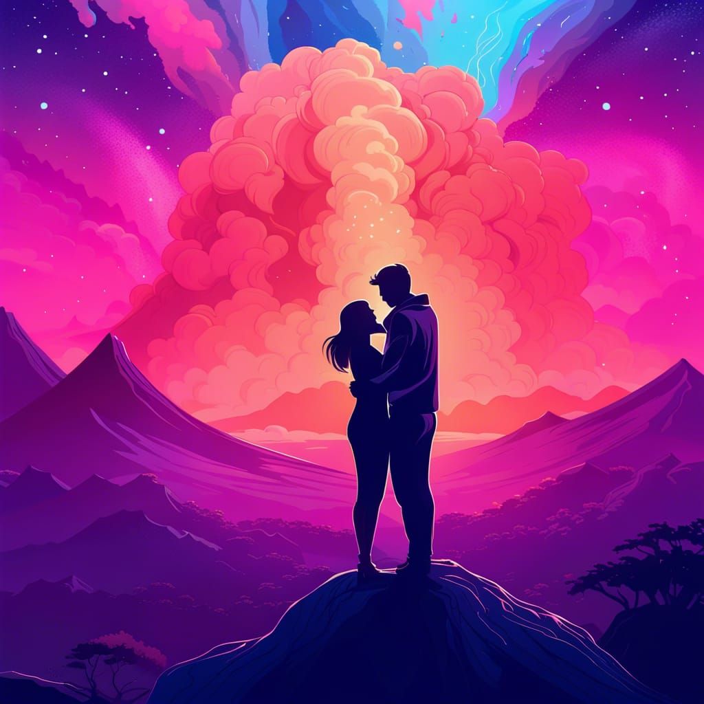 “Two people hugging in front of a Volcano eruption. Surreal. Night . Galaxy sky. Purple, blue, pink. Celestial” vector s...
