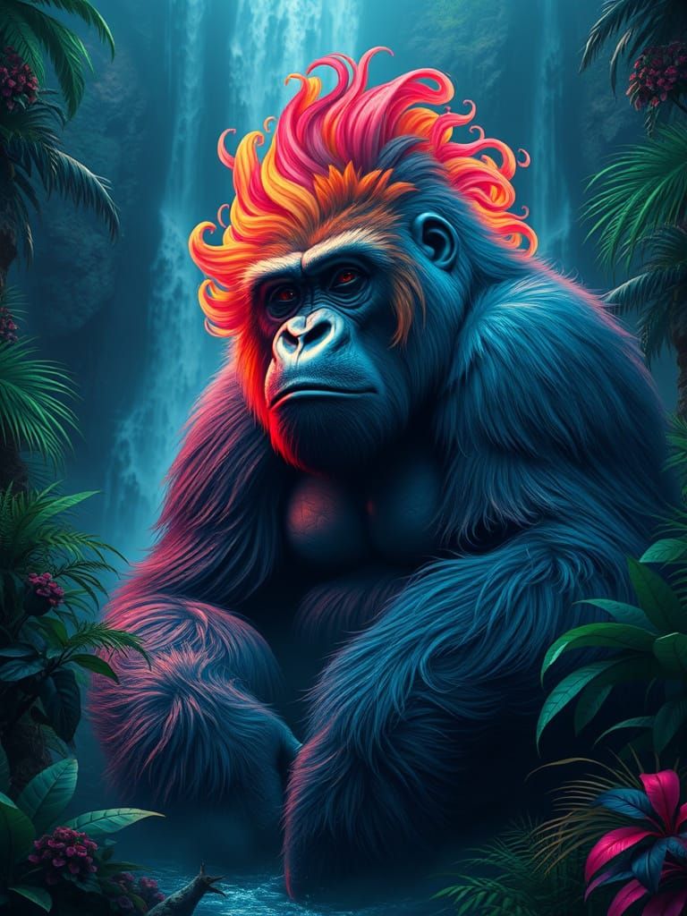 Giant Gorilla with Alcohol Ink Fur in Jungle Landscape