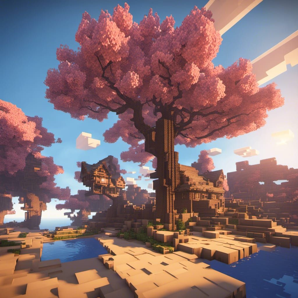 Minecraft Village on Sky Islands at Sunset