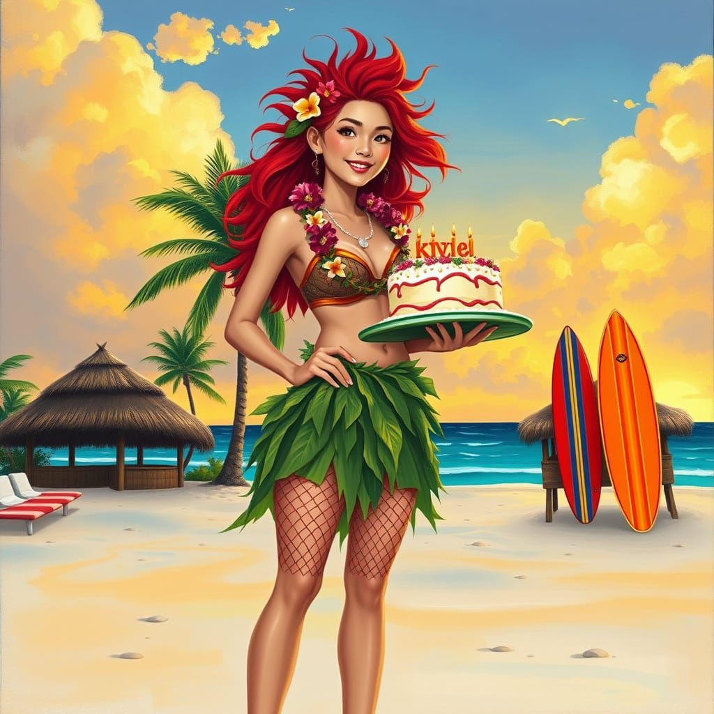 Hawaiian Sunset: Asian Woman with Red Hair in Gouache Style