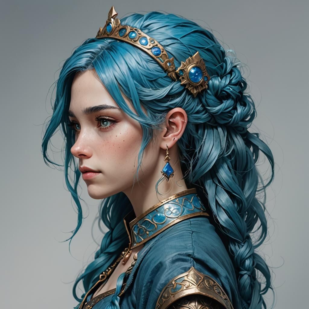 Blue-Haired Princess Portrait with Scars and Half Smile