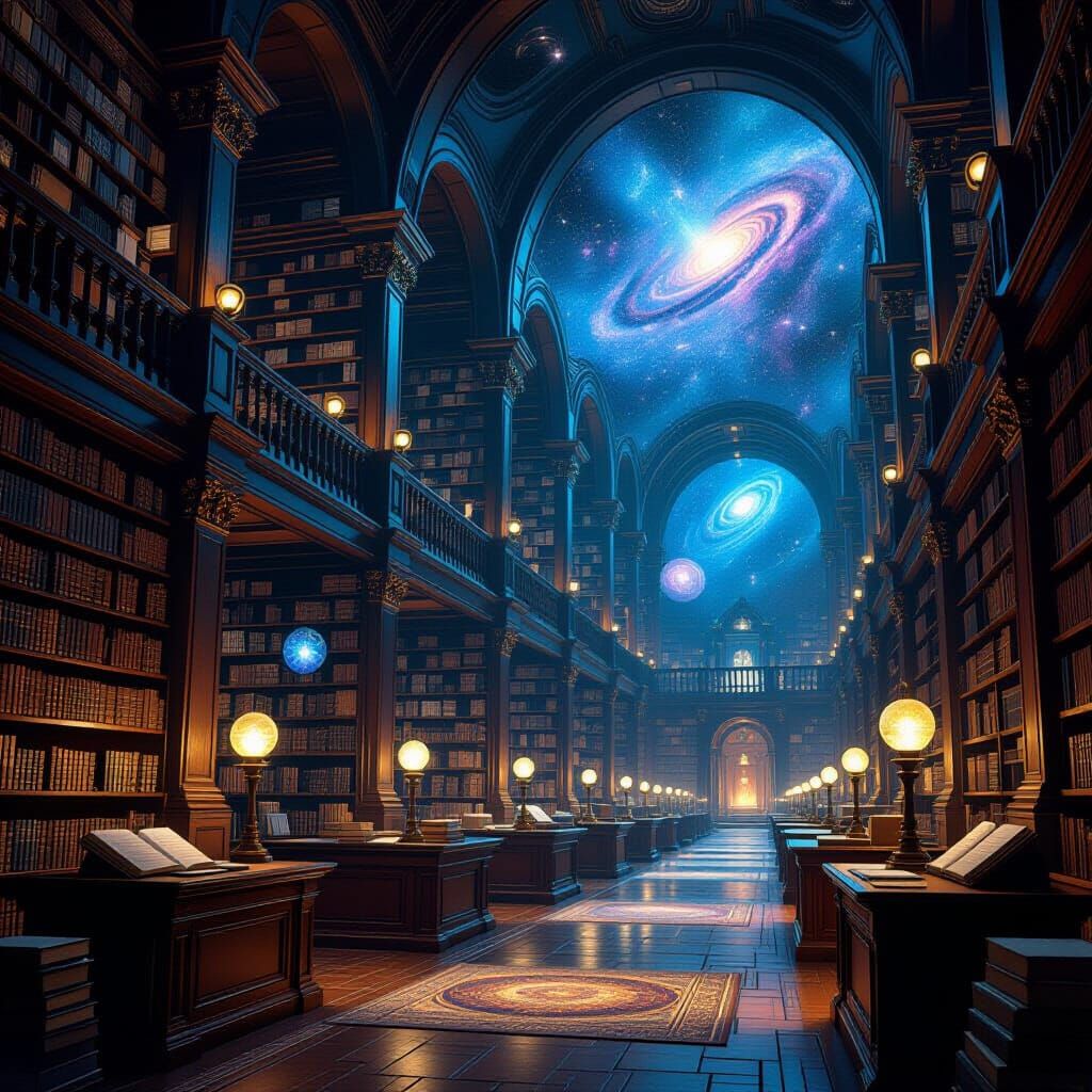 Ancient Library in Starlit Void with Cosmic Glow