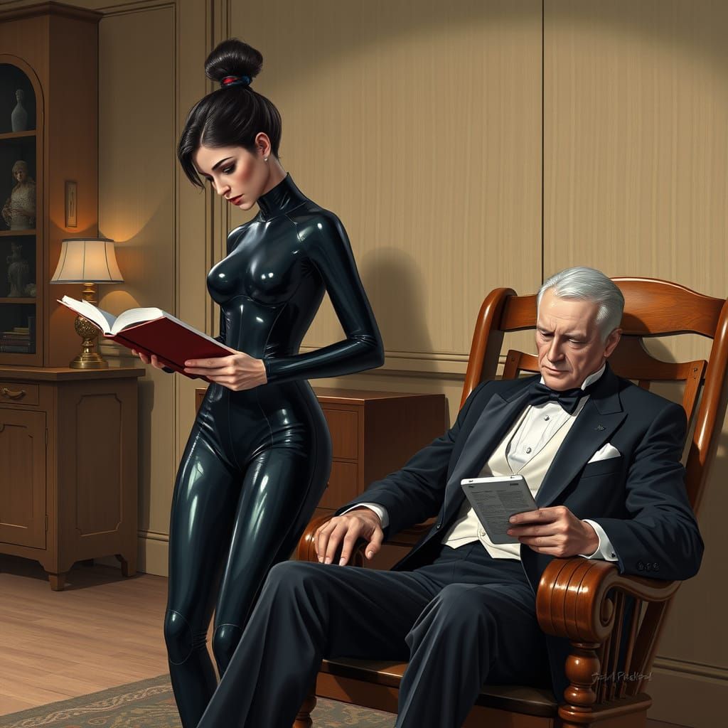 Futuristic Woman Reads Book Beside Vintage Gentleman in Rock...