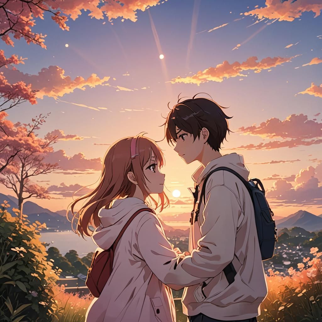 Romantic Anime Embrace at Sunset: Manga Key Visual