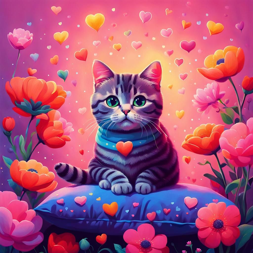 Cute Cat Surrounded by Flowers in Glander Style