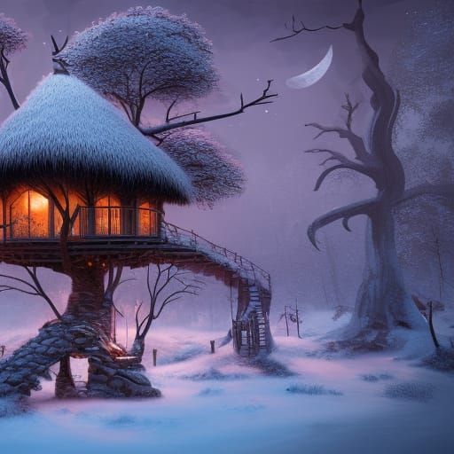 Cozy Treehouse in Snowy Woods Under Blood Moon