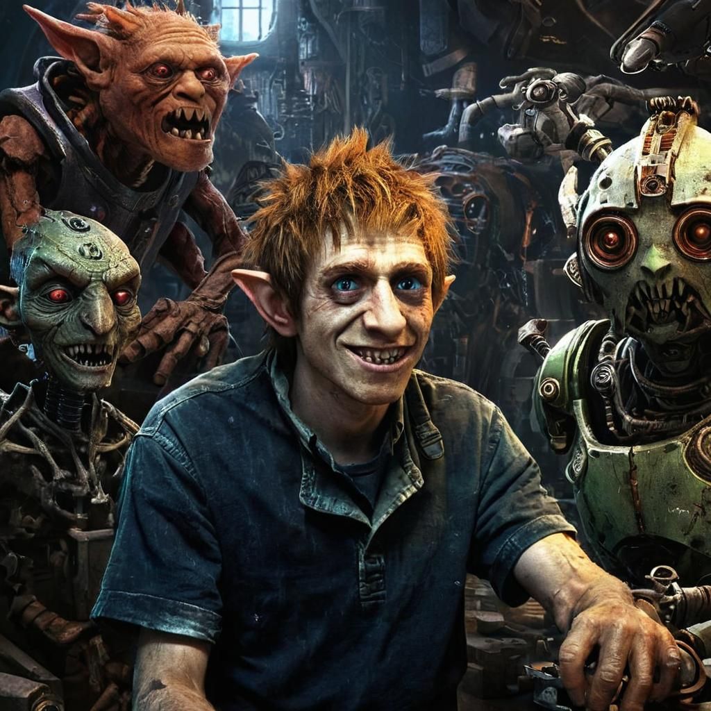 Cyborg Goblin Inventor in Dark Fantasy Workshop