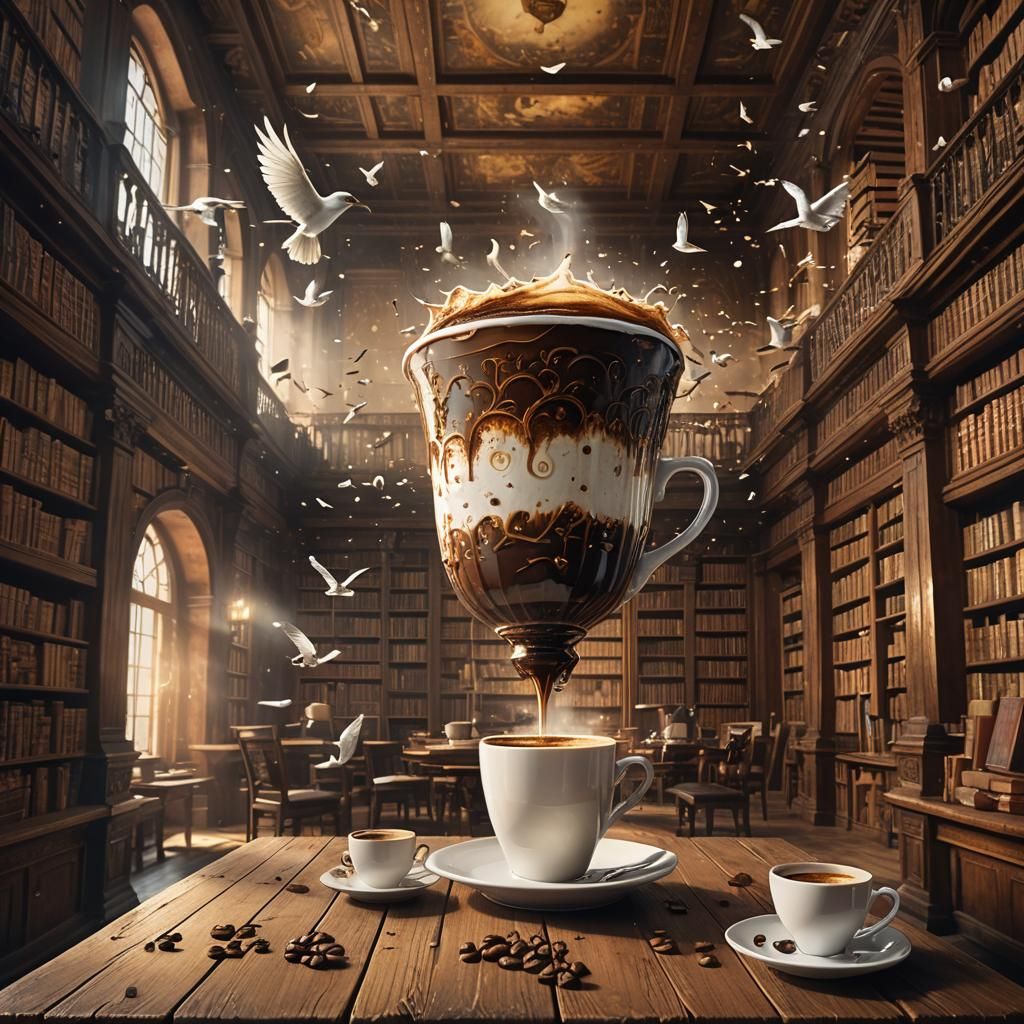 Epic Coffee Cup in Library Digital Painting
