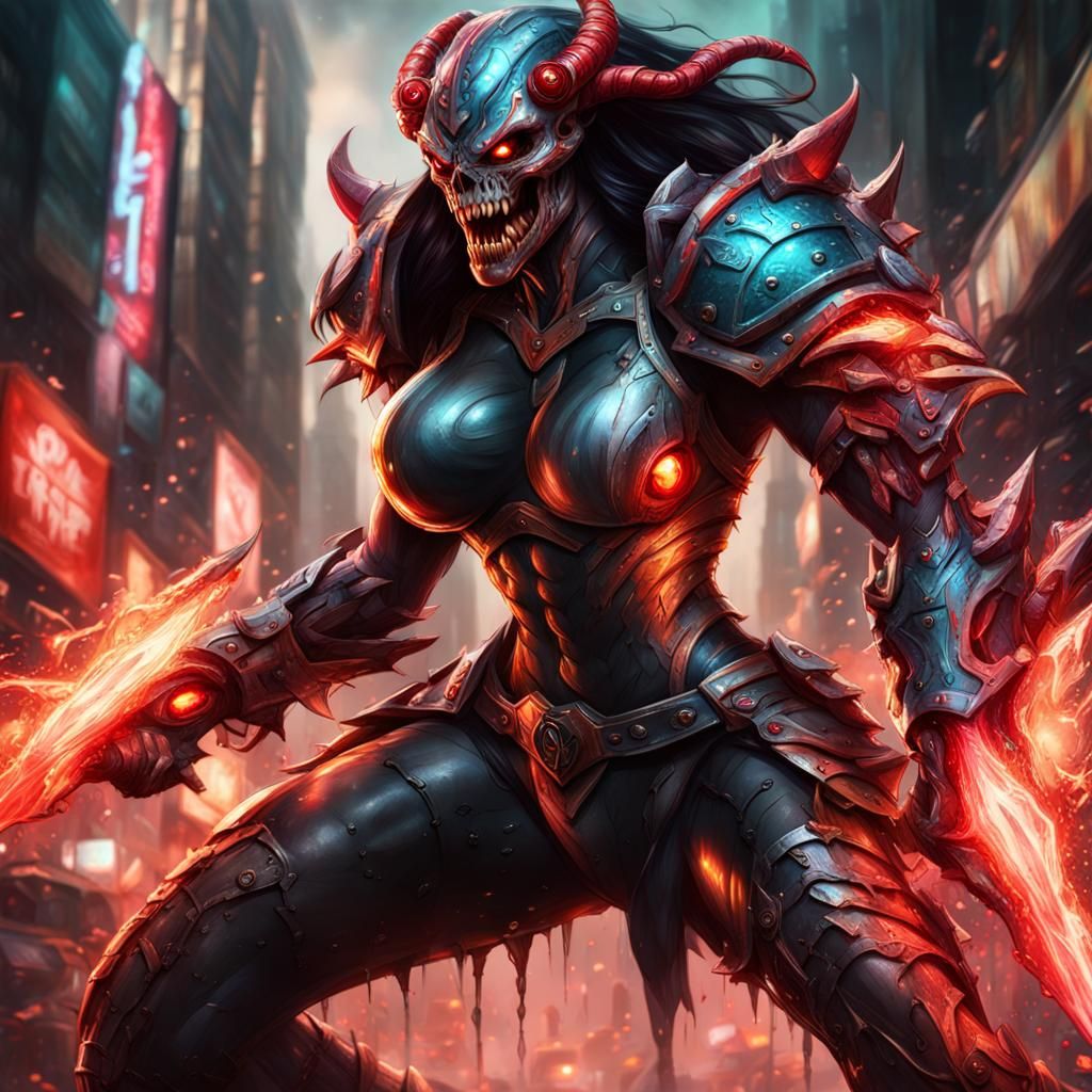 Hyperrealistic Female Monster with Blades and Fangs