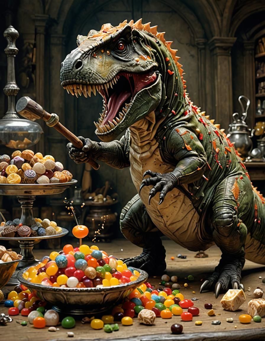 T-Rex Hammering Toffee: Hyper-Realistic Art