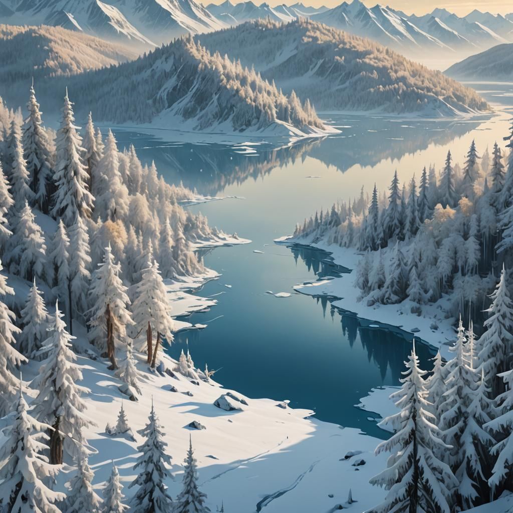 Snow-Capped Peaks Above Frozen Lakes: Fantasy Landscape