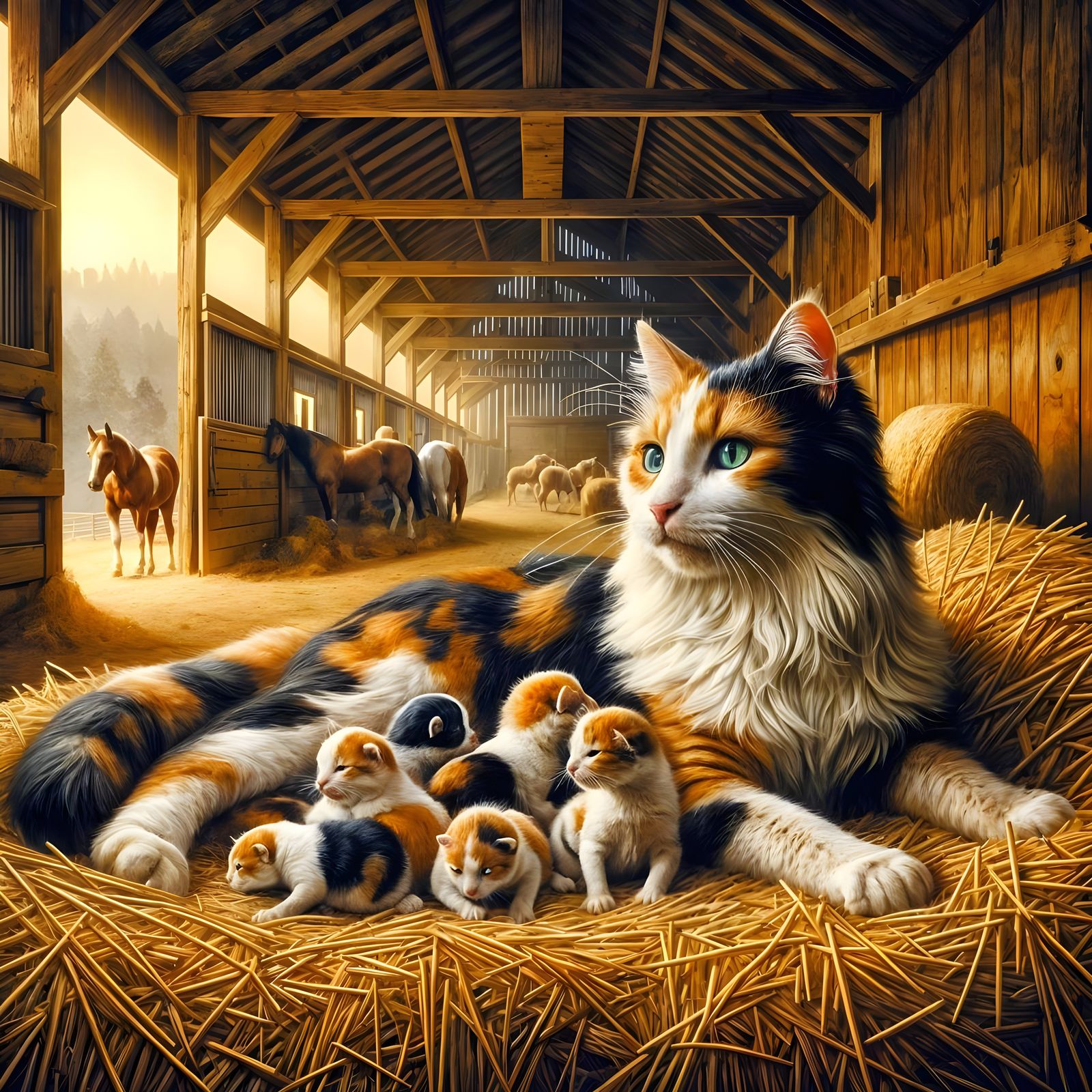 Calico Mother Cat With Kittens in Barn