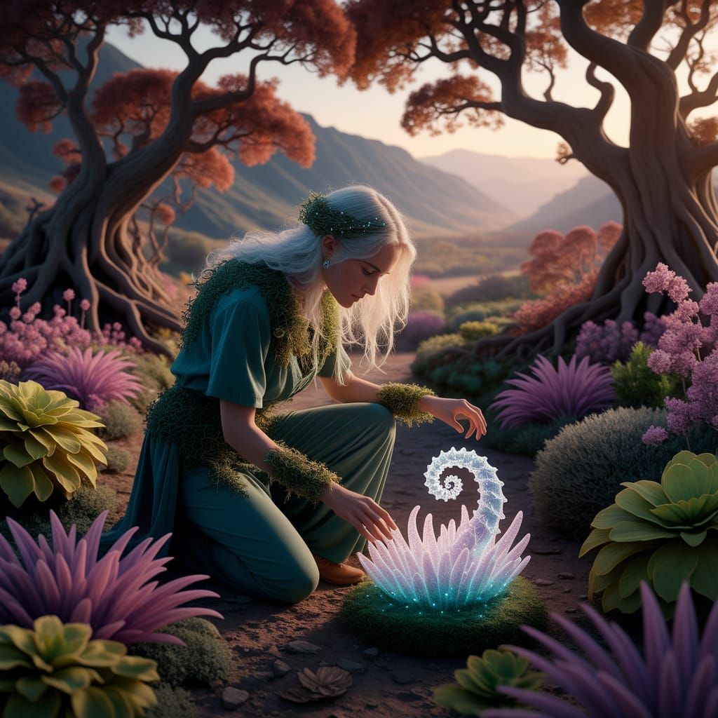 Magical Druid Tends Bioluminescent Garden at Golden Hour