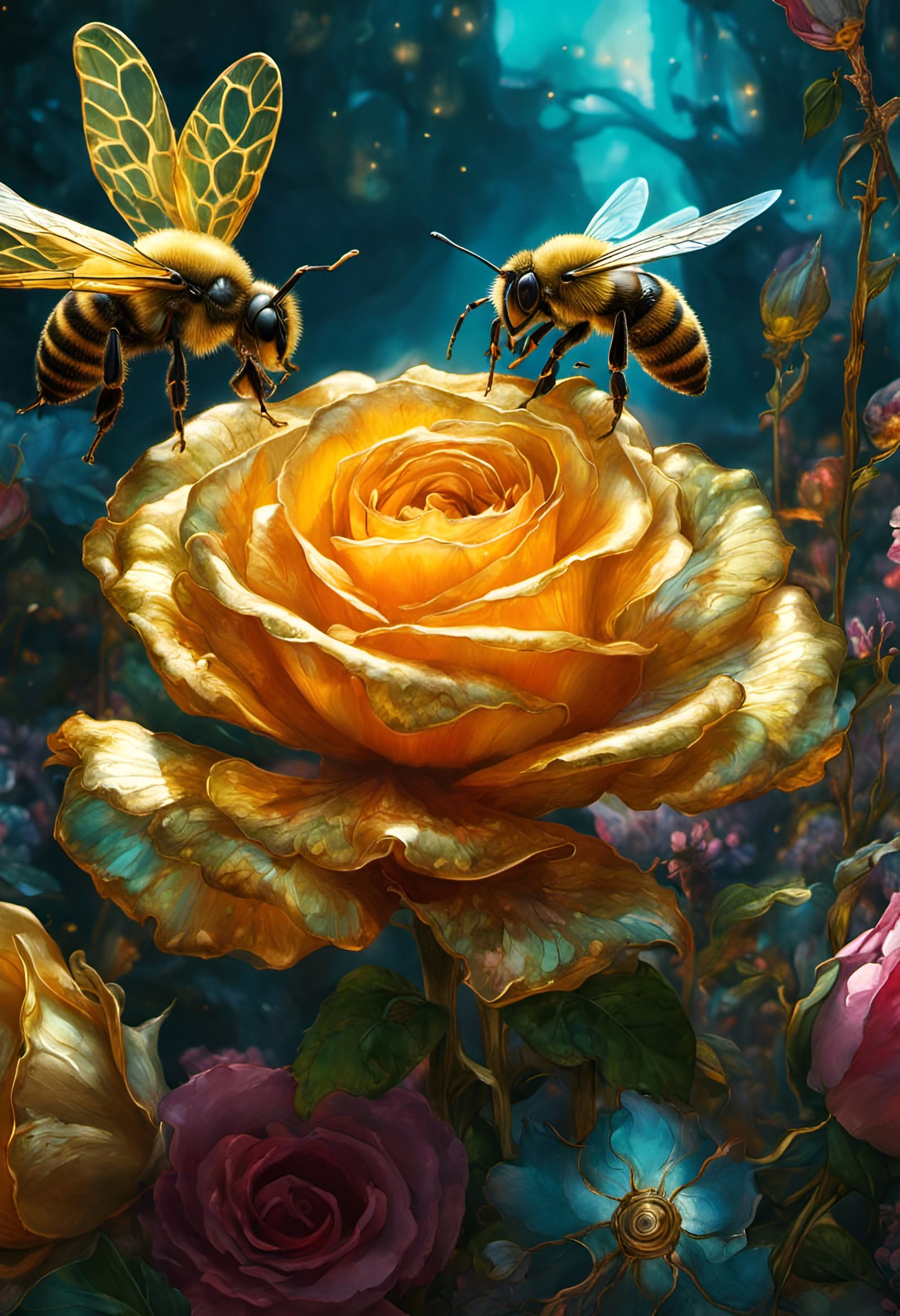 Golden Bee Inside Glowing Rose: Fantasycore Artwork