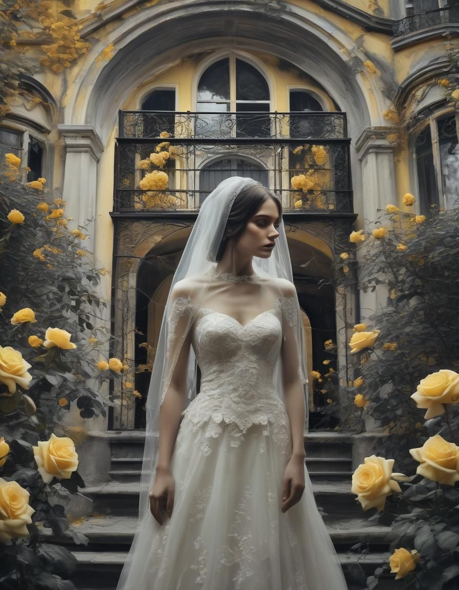 Mystical Bride at Mansion: Vintage Oil Painting