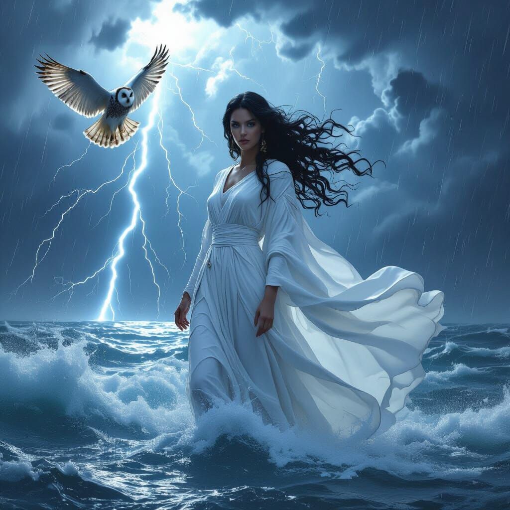 Goddess and Owl in Stormy Waters with Zeus