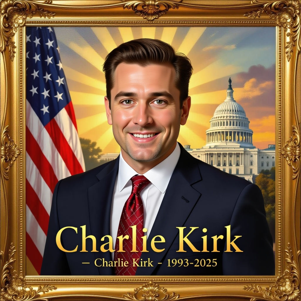Solemn Portrait Honoring Charlie Kirk in Golden Light