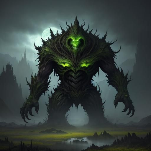 Rotting Vegetation Creature in Ominous Fantasy Landscape