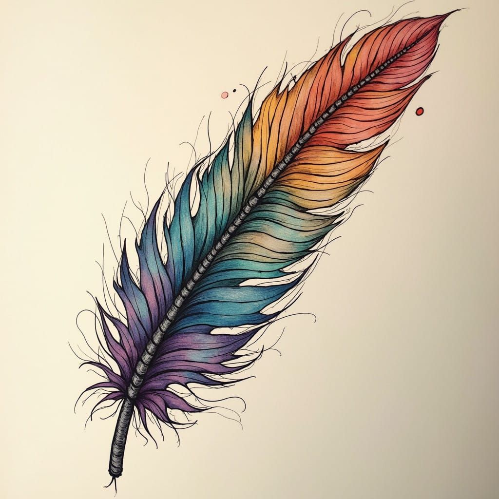 Ethereal Feather Tattoo Design in Vibrant, Expressionist Col...