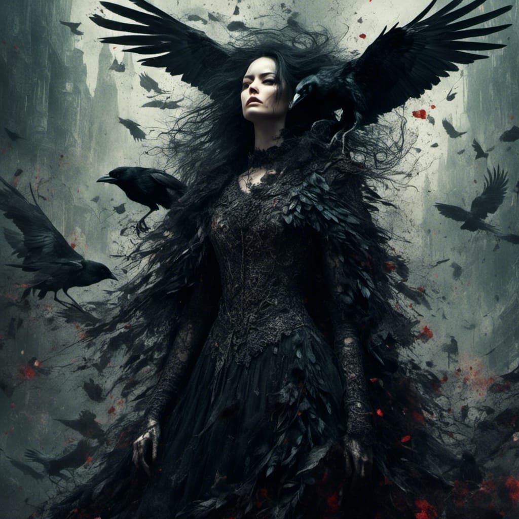Dark Fantasy Woman Becomes a Raven