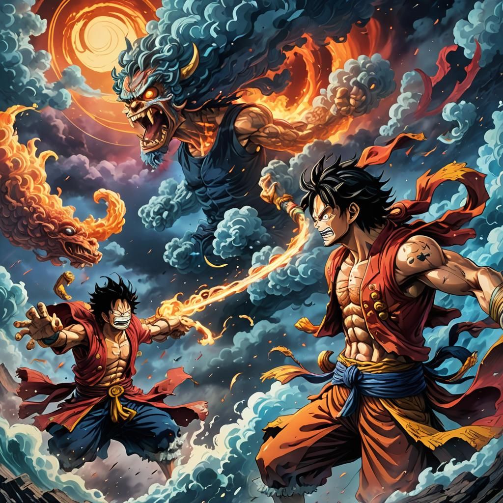 Luffy and Kaido Clash in Fantasy Art Style