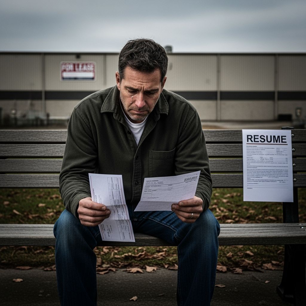 Weary Man Reflects on Job Loss with Paycheck and Resume