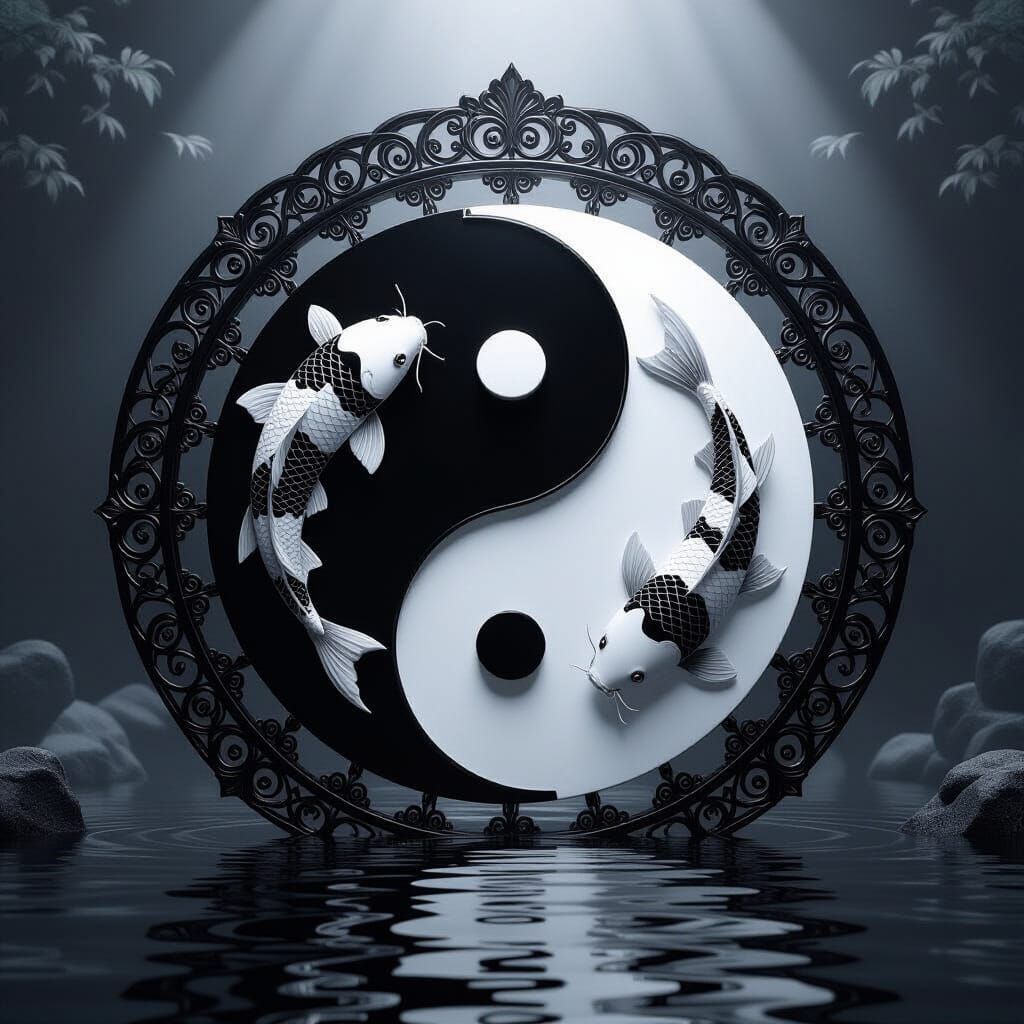 Monochromatic Yin Yang with Koi: Dramatic Cinematic Style