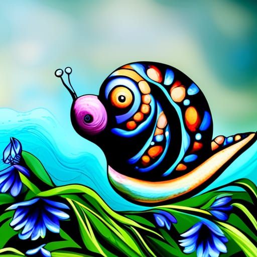 Metallic Blue Snail Portrait with Botanical Background
